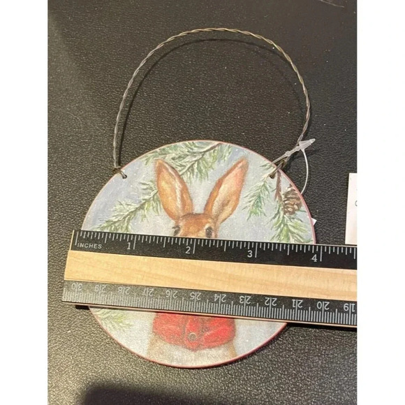 Rabbit Wooden Round Christmas Holiday Ornaments 4 x 4 Set Of 2 Farm Rustic NEW - Picture 2 of 4
